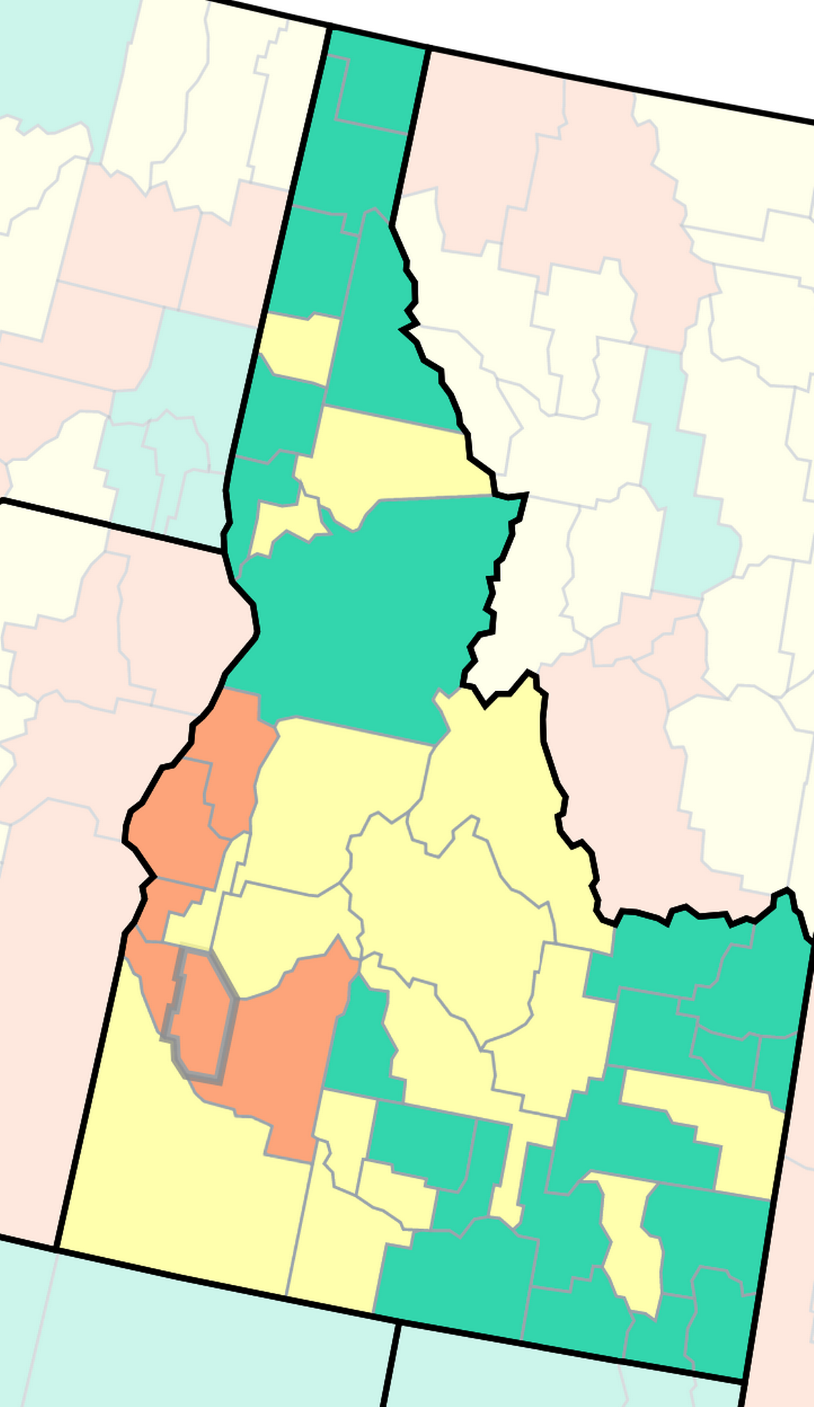 This U.S. Centers for Disease Control and Prevention map shows Idaho counties by COVID-19 community level. The orange are considered high, the yellow are medium and the green are low.