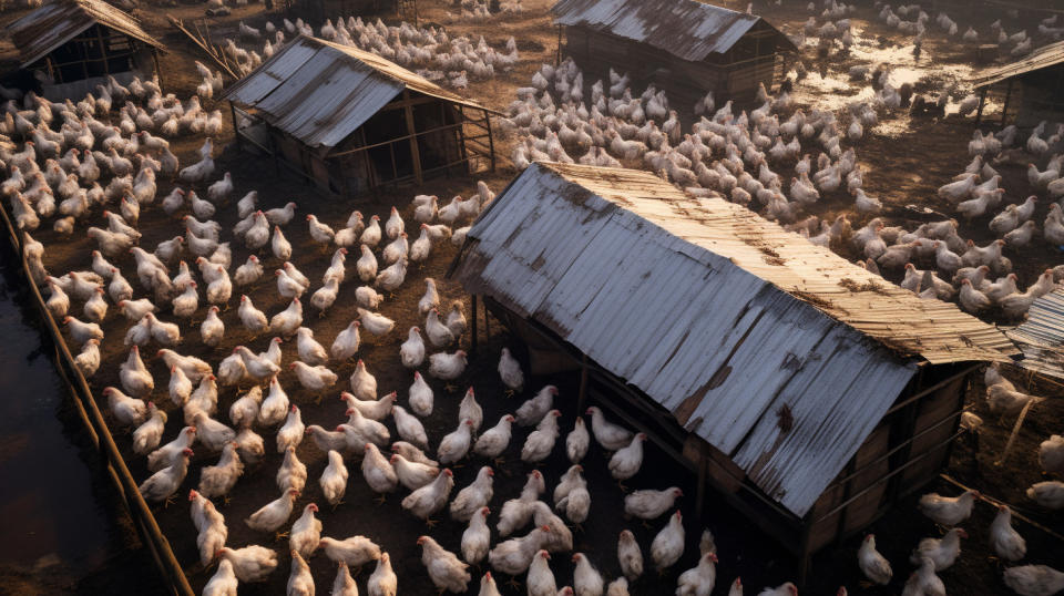 A bird's-eye view of a poultry farm, its white and black feathered chickens sprawled across the farm.