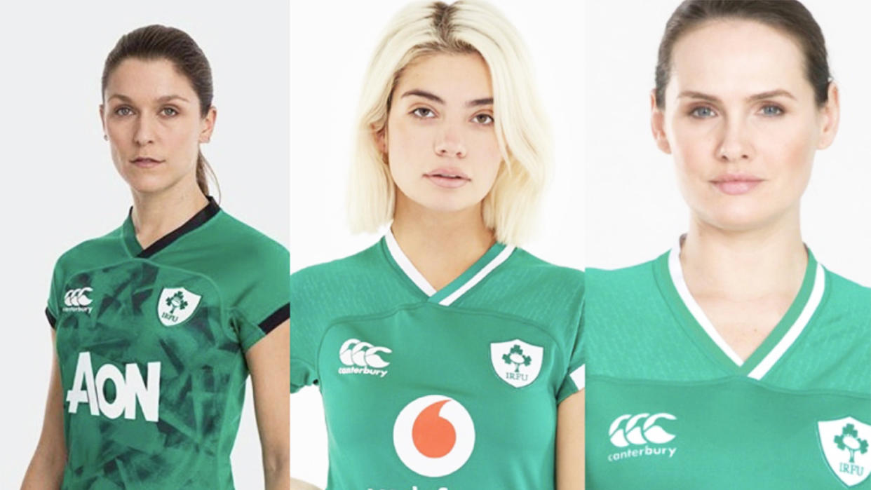 Models wear the Irish jersey, which has been slammed on social media.