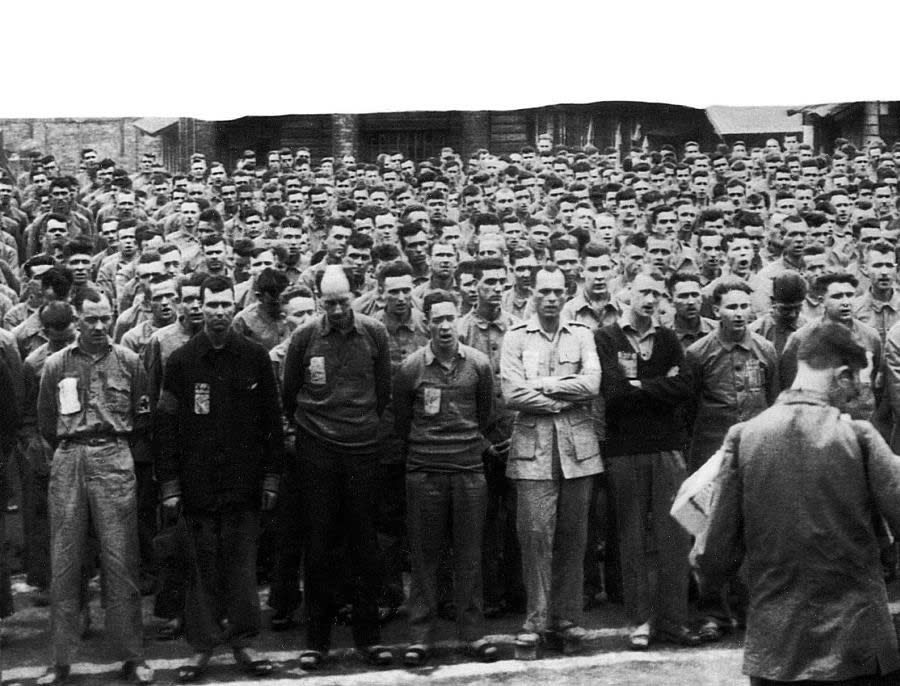 Former POWs at a prayer service at a camp in Taiwan, a publicity stunt, according to Hurst. The POWs were forced to work for long hours and severely punished if they didn't meet quotas. (Taiwan POW Camps Memorial Society)