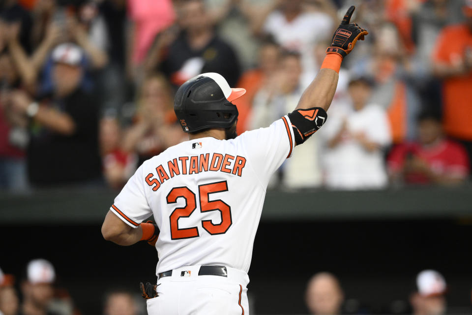 Baltimore Orioles' Anthony Santander celebrates after his home run during the third inning of a baseball game against the Los Angeles Angels, Monday, May 15, 2023, in Baltimore. (AP Photo/Nick Wass)