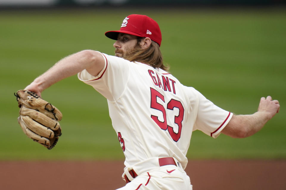 St. Louis Cardinals starting pitcher John Gant throws during the first inning of a baseball game against the Cincinnati Reds Saturday, April 24, 2021, in St. Louis. (AP Photo/Jeff Roberson)