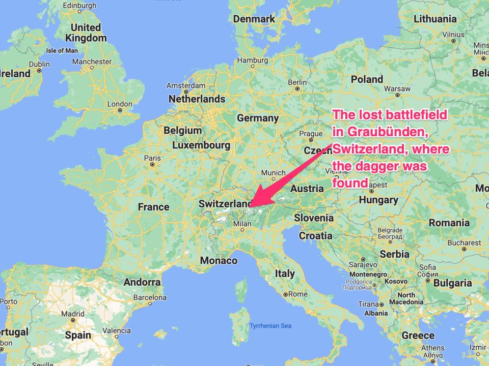 A map showing the area of Switzerland where the dagger was uncovered