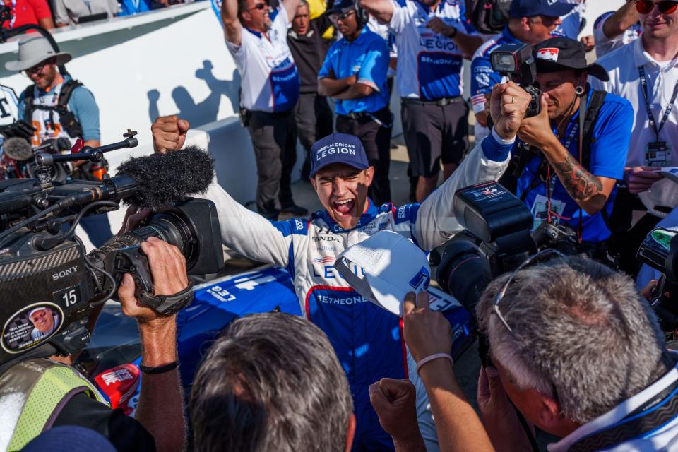 Chip Ganassi Racing driver Álex Palou (10) reacts after earning the pole position Sunday, May 21, 2023, after Firestone Fast Six qualifying at Indianapolis Motor Speedway in preparation for the 107th running of the Indianapolis 500.