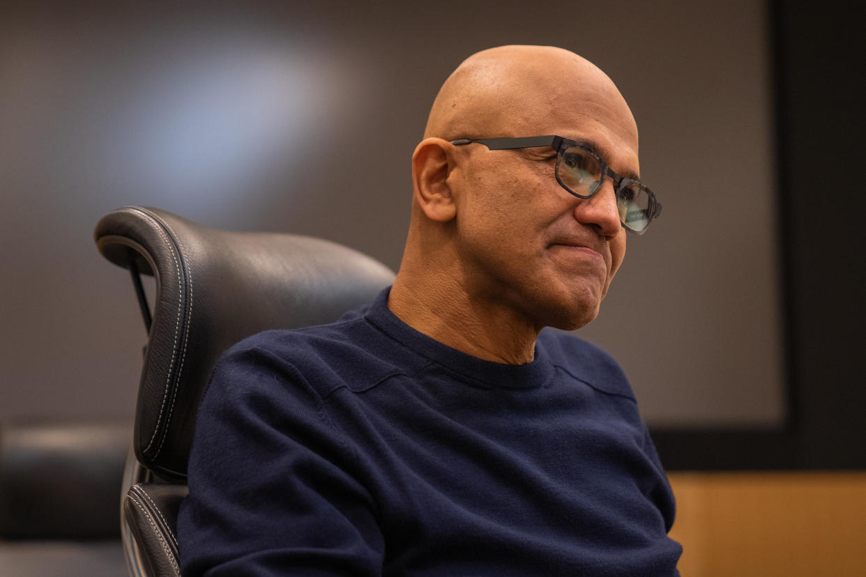 Microsoft CEO Satya Nadella during an interview with Washington Post reporter Rachel Lerman, after the company announced a new, AI-powered Bing search at its headquarters in Redmond, Wash., on Tuesday, Feb. 7, 2023. (Photo by Jovelle Tamayo/ forThe Washington Post via Getty Images)