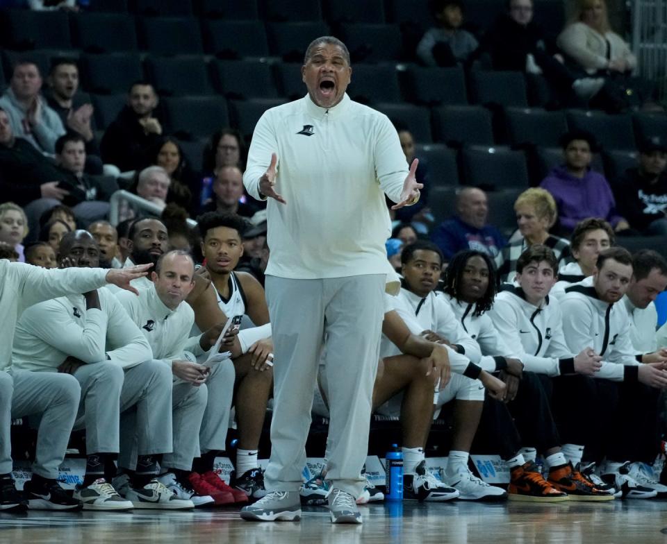 Providence College coach Ed Cooley expression his frustration of a call against the Friars from the bench.  