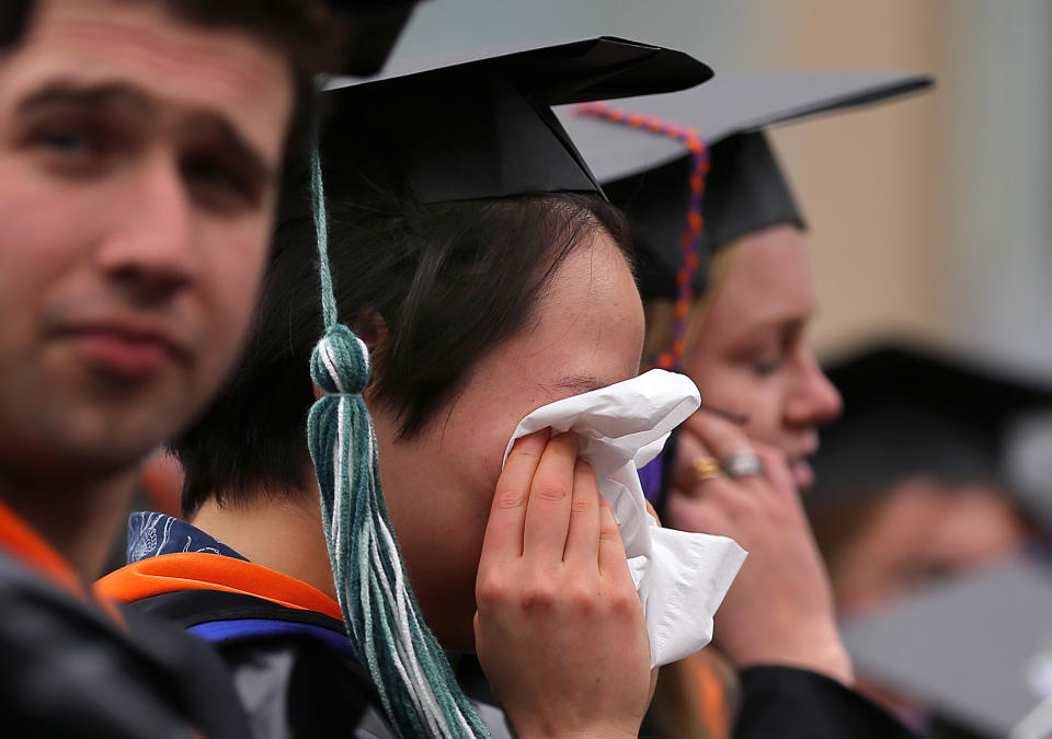 NEEDHAM, MA - MARCH 12: Emotions run high at the Olin College of Engineering "Fauxmencement" for senior students on March 12, 2020, two months early, held because of coronavirus fears in Needham, MA. (Photo by John Tlumacki/The Boston Globe via Getty Images)