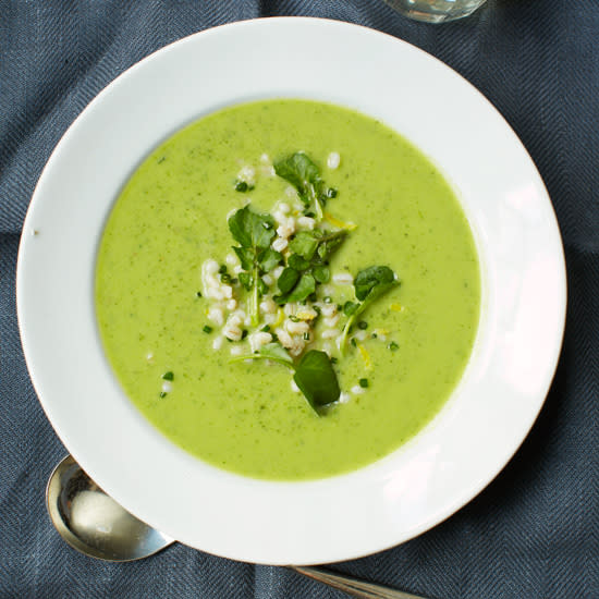 Zucchini and Spinach Soup with Barley, Coriander and Watercress
