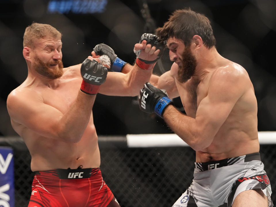 Jan Blachowicz (red gloves) fights Magomed Ankalaev (blue gloves) during UFC 282 (Stephen R. Sylvanie, USA TODAY Sports)