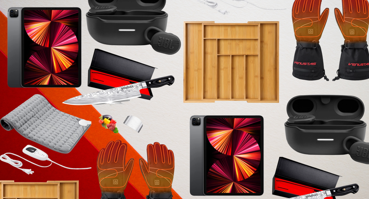 amazon canada deals collage with ipad, heated gloves, knives, earbuds, heated pad