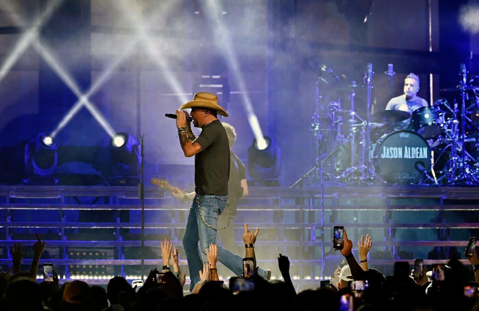 Jason Aldean performs during his Rock N’ Roll Cowboy Tour at Bridgestone Arena Friday, Oct. 14, 2022, in Nashville, Tenn. 