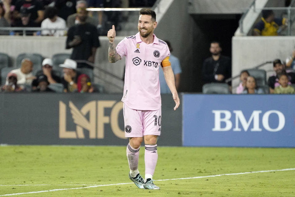 Inter Miami forward Lionel Messi gestures during the first half of a Major League Soccer match against the Los Angeles FC Sunday, Sept. 3, 2023, in Los Angeles. (AP Photo/Mark J. Terrill)