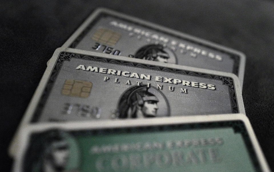 Credit cards of American Express are photographed in this illustration picture in this March 17, 2016, file photo. REUTERS/Kai Pfaffenbach/Illustration/Files  GLOBAL BUSINESS WEEK AHEAD PACKAGE - SEARCH 'BUSINESS WEEK AHEAD APRIL 18'  FOR ALL IMAGES