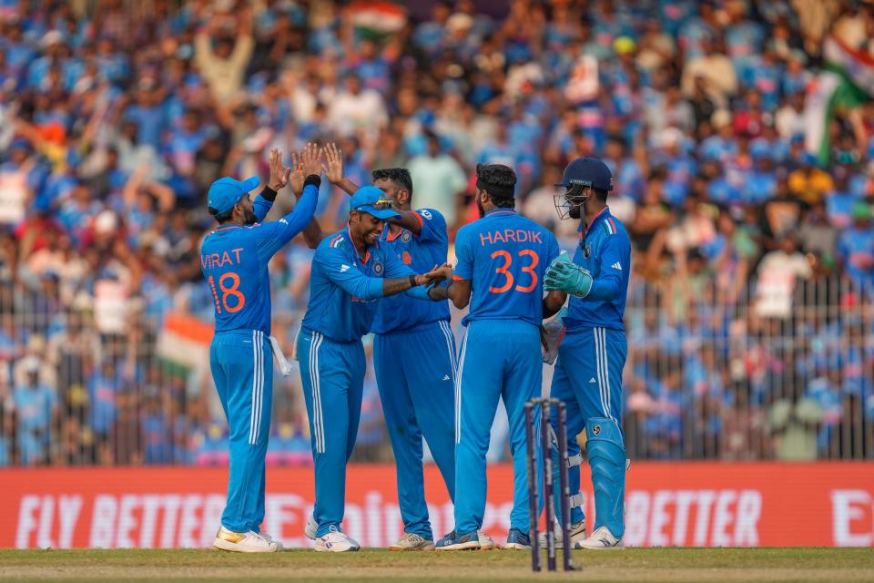 Indian players celebrate the dismissal of Australia's Cameron Green (AP)