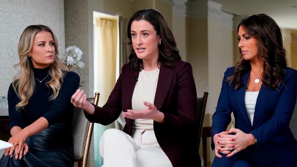 PHOTO: ABC's Jonathan Karl interviews Sarah Matthews, left, Cassidy Hutchinson, center, and Alyssa Farah Griffin, Dec. 15, 2023, in Washington. (Lou Rocco/ABC)