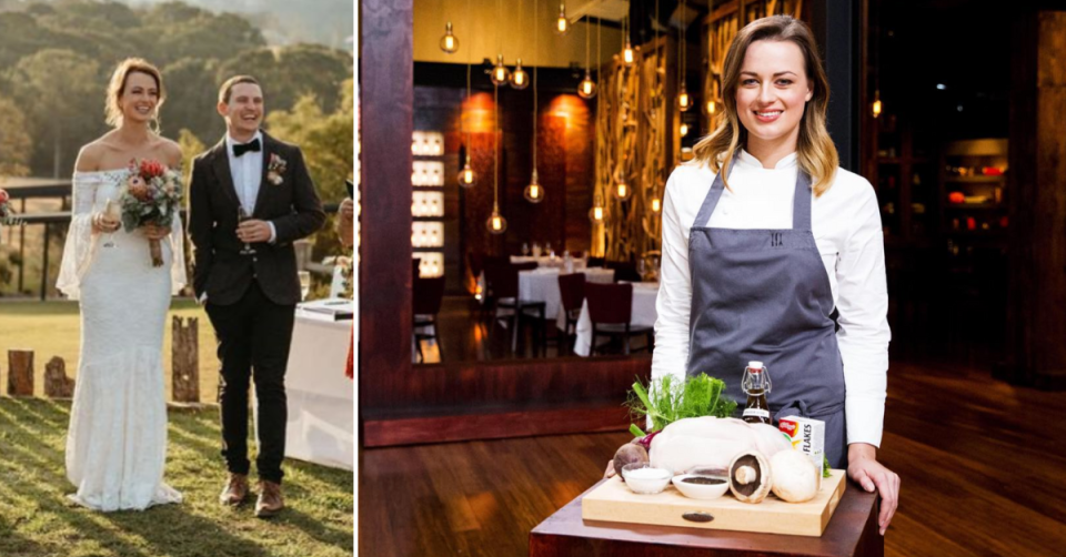  MasterChef Billie McKay and Haydn Suridge on their wedding day. Right, McKay stands with produce in a restaurant.has married her partner Haydn and continues to explore her love of food.