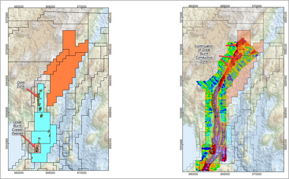 <i><strong>Figure 2. Great Burnt Bend Project area with Falcon claims in orange and Benton - Spruce Ridge Great Burnt Copper-Gold joint venture in blue. New claims cover conductive trend hosting copper and gold mineralization.</strong></i>