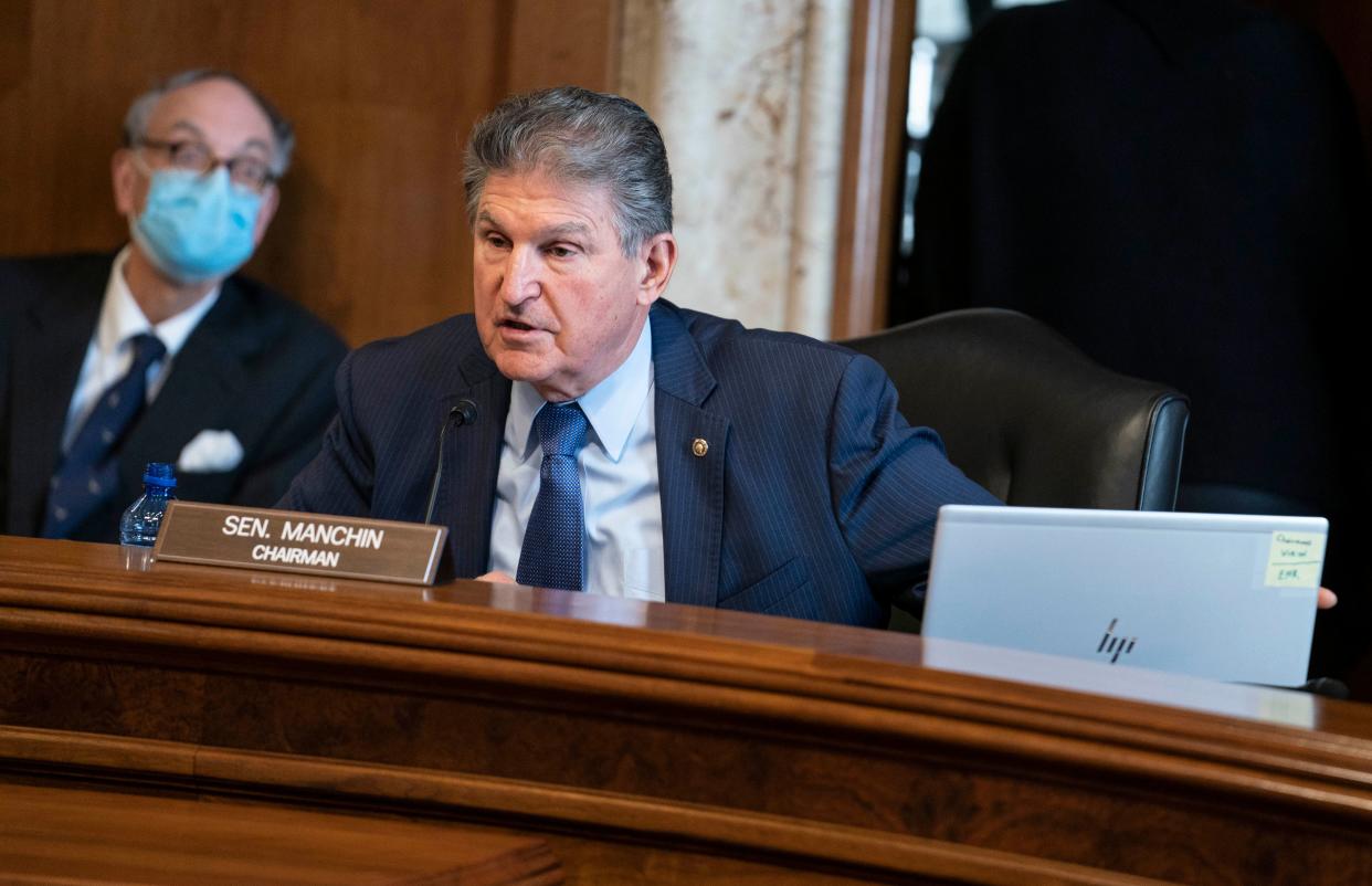 Senator Joe Manchin, a Democrat from West Virginia and chairman of the Senate Energy and Natural Resources Committee, speaks during a confirmation hearing for Representative Deb Haaland, a Democrat from New Mexico and secretary of the interior nominee, in Washington, DC on February 24, 2021. (Sarah Silbiger/AFP via Getty Images)