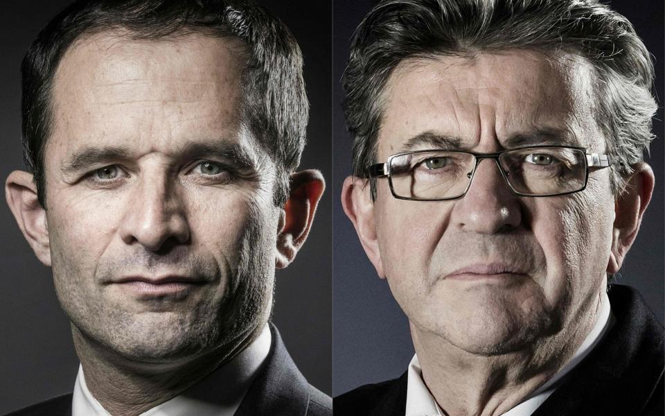 Candidate for the Socialist Party (PS) primaries ahead of the 2017 presidential election Benoit Hamon (L) and Jean-Luc Melenchon, candidate of the far left coalition "La France insoumise" - Credit:  JOEL SAGET/AFP