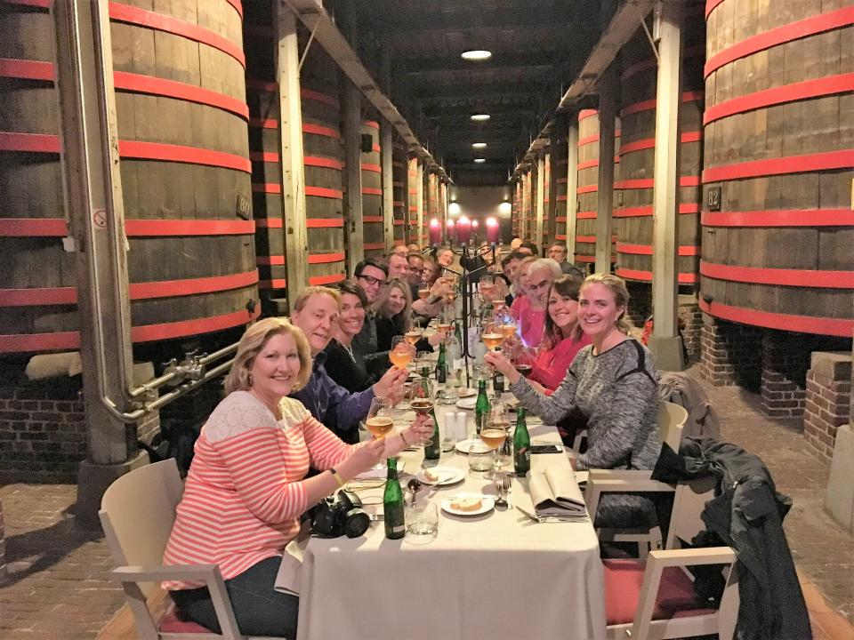 Bon Beer Voyage's signature candlelit beer-paired dinner between the giant foeders in Brouwerij Rodenbach's historic cellars.