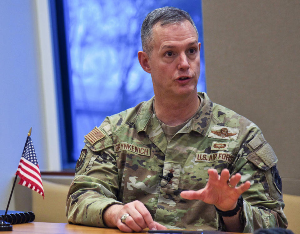 FILE - Lt. Gen. Alexus Grynkewich, the head of U.S. Air Force Central, speaks at a news conference at the U.S. Embassy in Abu Dhabi, United Arab Emirates, Sept. 20, 2023. Grynkewich says Houthi rebels in Yemen may be running through their supplies of drone swarms and anti-ship ballistic missiles and the pace of their attacks has slowed a bit. (AP Photo/Jon Gambrell, File)