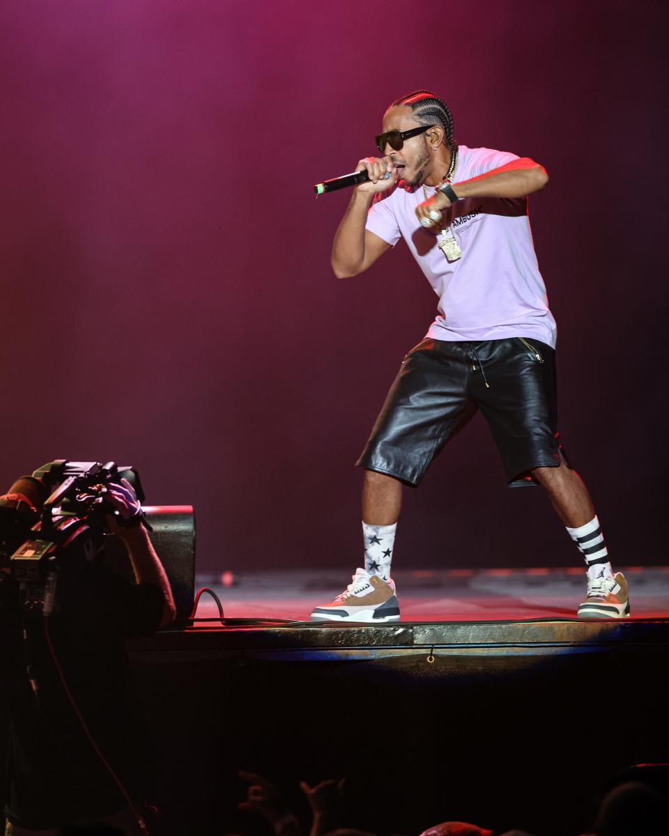 Ludacris and his Disturbing the Peace crew with hype man Lil Fate perform to a sold-out crowd at the 2023 Iowa State Fair on Aug. 18, 2023, in Des Moines.