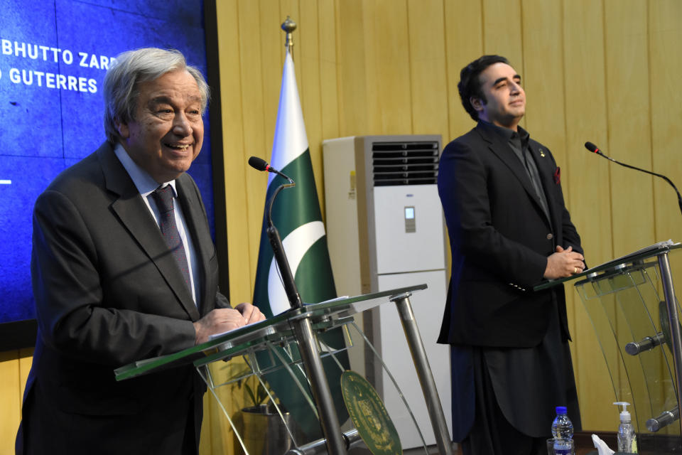 U.N. Secretary-General Antonio Guterres, left, speaks during a joint press conference with Pakistani Foreign Minister Bilawal Bhutto Zardari at the Foreign Ministry in Islamabad, Pakistan, Friday, Sept. 9, 2022. Guterres appealed to the world for help for cash-strapped Pakistan after arriving in the country Friday to see the climate-induced devastation from months of deadly record floods. (AP Photo/W.K. Yousafzai)