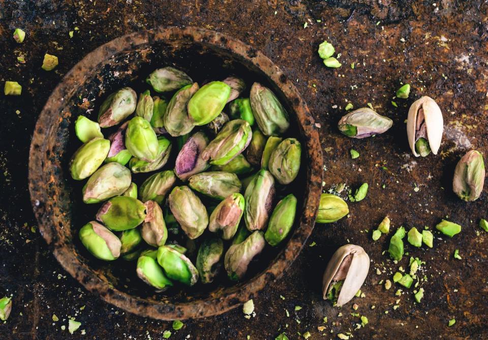 pistachio nuts, high angle view