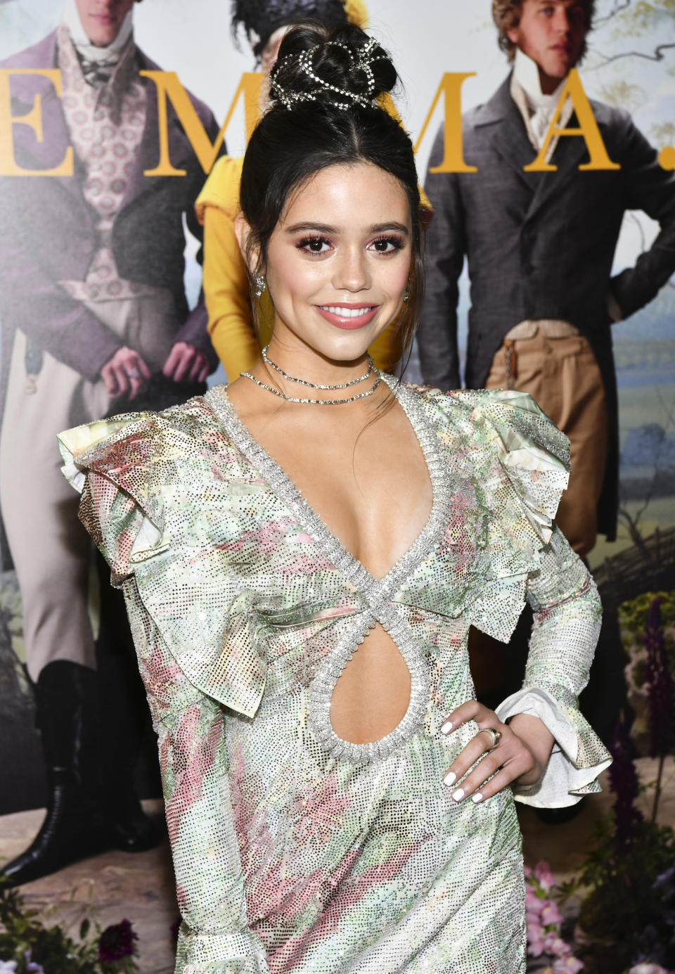 Jenna Ortega in a jewel-encrusted mini dress at the premiere of "Emma"