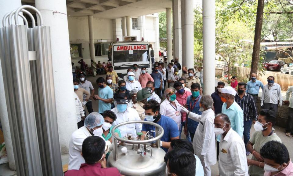 Indian hospital staff fix the leak in their oxygen plant after a leak killed 22 Covid-19 patients in Nashik, India.