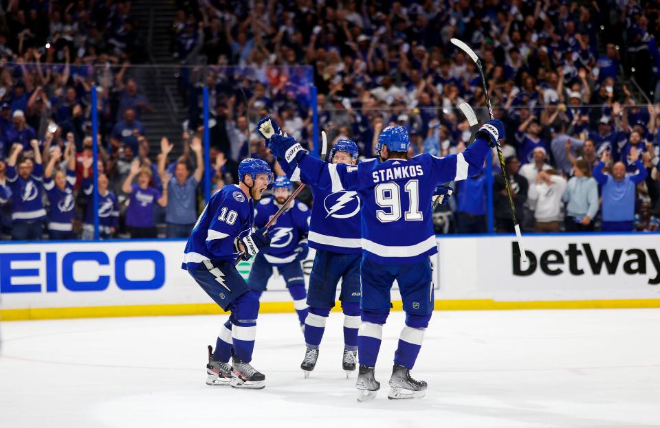 Tampa Bay Lightning right wing Corey Perry celebrates his goal against the Colorado Avalanche during the second period.