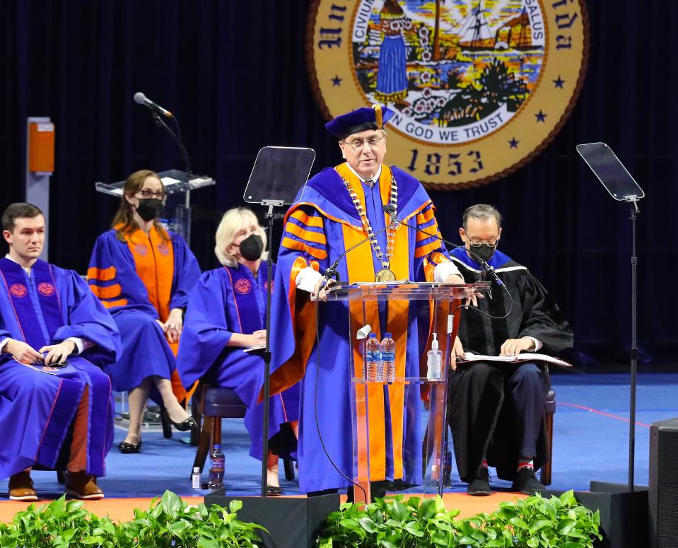 University of Florida President Kent Fuchs delivers a commencement address. His school finished tied atop the U.S. News & World Report rankings for best online bachelor's programs.
