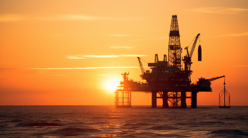 Drilling rig silhouetted against a setting sun in an offshore location.