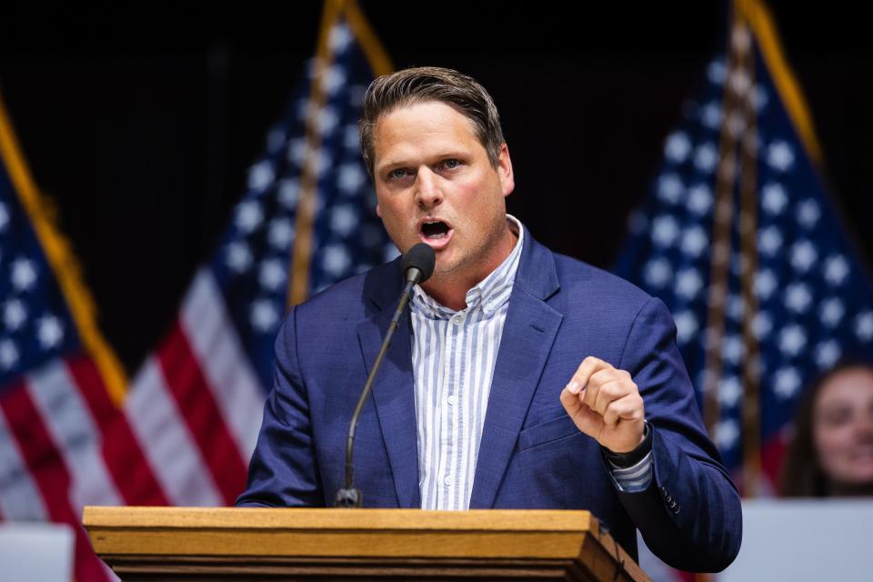 Utah Republican State Party vice chair candidate Jordan Hess speaks during the Utah Republican Party Organizing Convention at Utah Valley University in Orem on April 22, 2023. | Ryan Sun, Deseret News