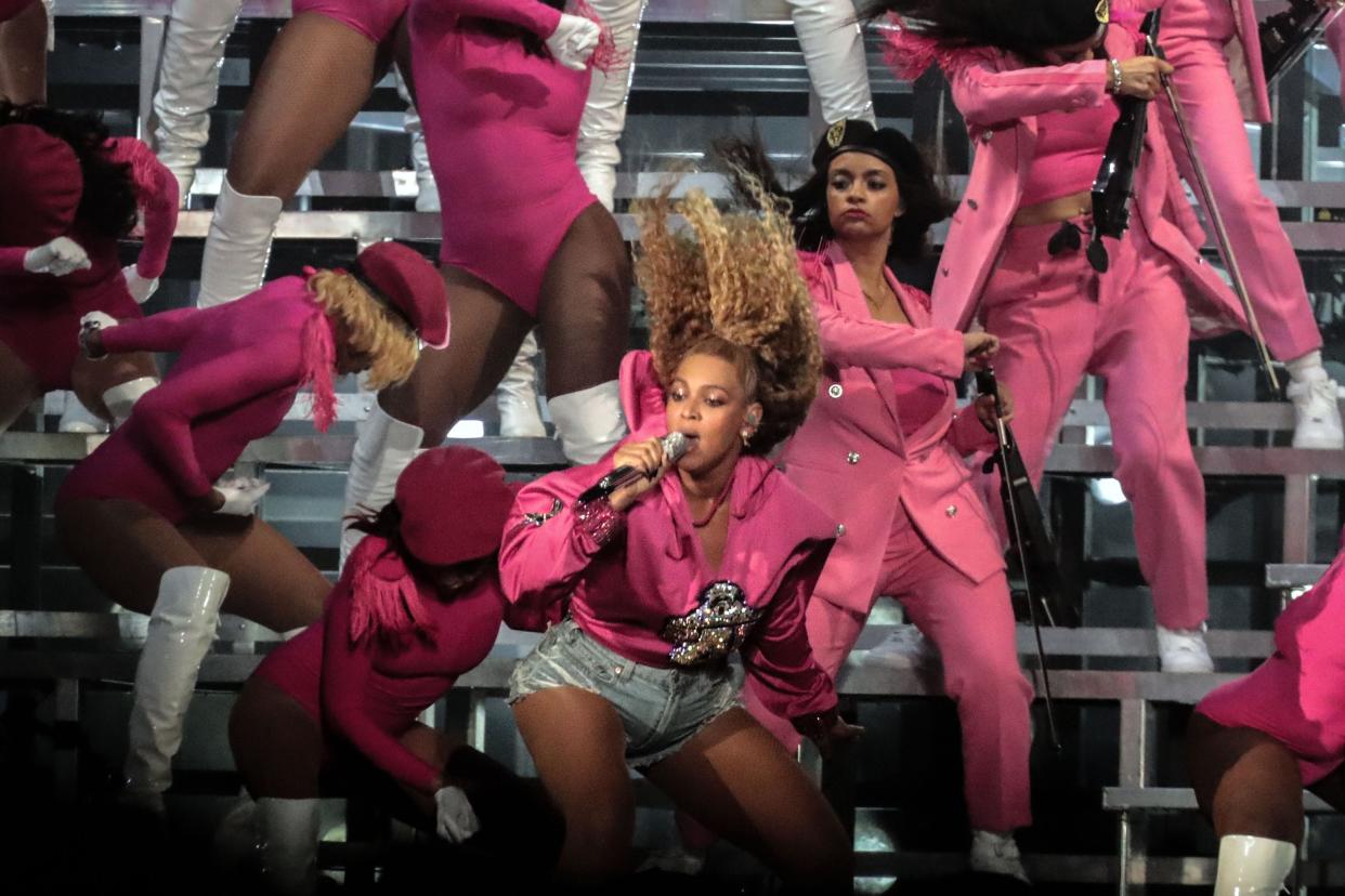 Beyonce performs during the Coachella Valley Music and Arts Festival at Empire Polo Club on April 21, 2018.