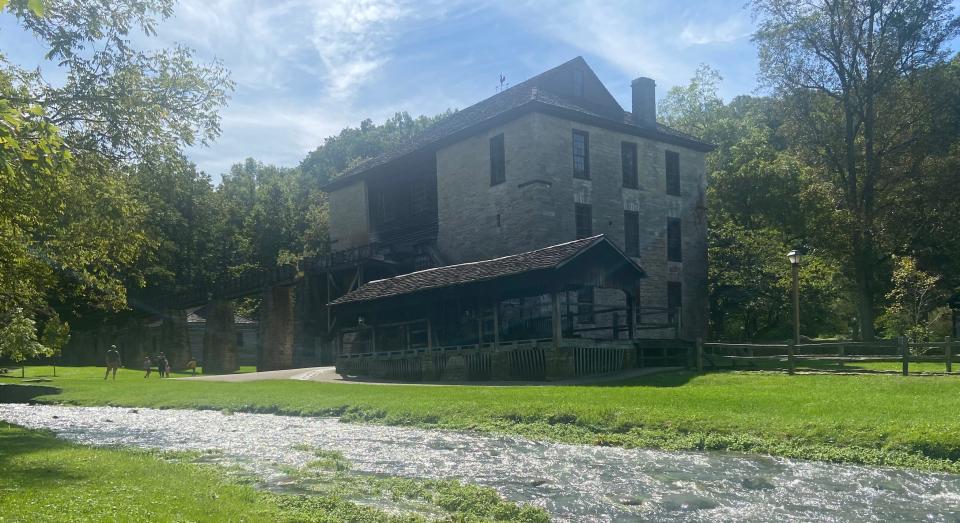 The historic mill at Spring Mill State Park stands inside the Pioneer Village.