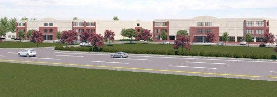An architectural rendering of the warehouses proposed to replace an office park on Route 22 in Bridgewater.