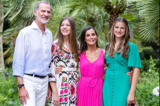 <p>Patrick van Katwijk/WireImage</p> King Felipe of Spain, Princess Sofia of Spain, Queen Letiza of Spain and Princess Leonor of Spain visit Los Jardines de la Alfabia gardens in July.