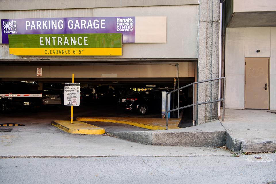 A ramp to enter and exit the Harrah’s Cherokee Center parking garage has a high curb and exits into the street on Vanderbilt Place where there is no sidewalk.