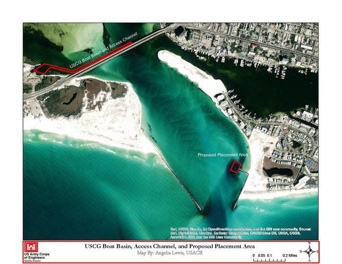 A satellite photos shows the area to be dredged on the north side of the Marler Bridge.