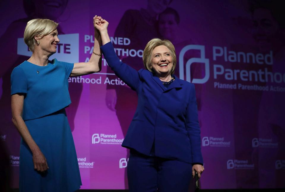 Democratic presidential nominee Hillary Clinton holds hands with Cecile Richards, president of Planned Parenthood Action Fund, during an event in June, 2016, in Washington, DC. Hillary Clinton addressed Planned Parenthood members on "what's at stake for reproductive health care and women's rights in the upcoming presidential election."