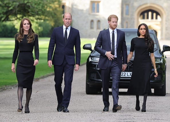 <div class="inline-image__caption"><p>Kate Middleton, Prince Harry, Prince William, and Meghan Markle on the long Walk at Windsor Castle arrive to view flowers and tributes to the queen on Sept. 10, 2022, in Windsor, England.</p></div> <div class="inline-image__credit">Chris Jackson/Getty</div>