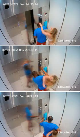 <p>Miami-Dade State Attorney's Office</p> Courtney and Christian fighting in an elevator.