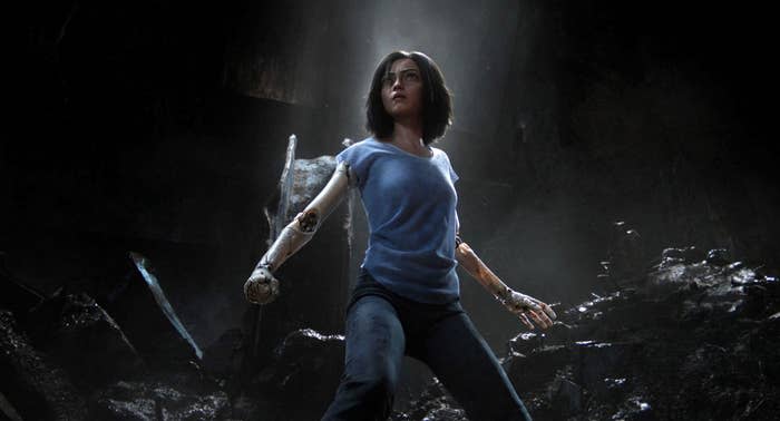 The advanced cyborg Alita readies herself for battle in “Alita: Battle Angel”