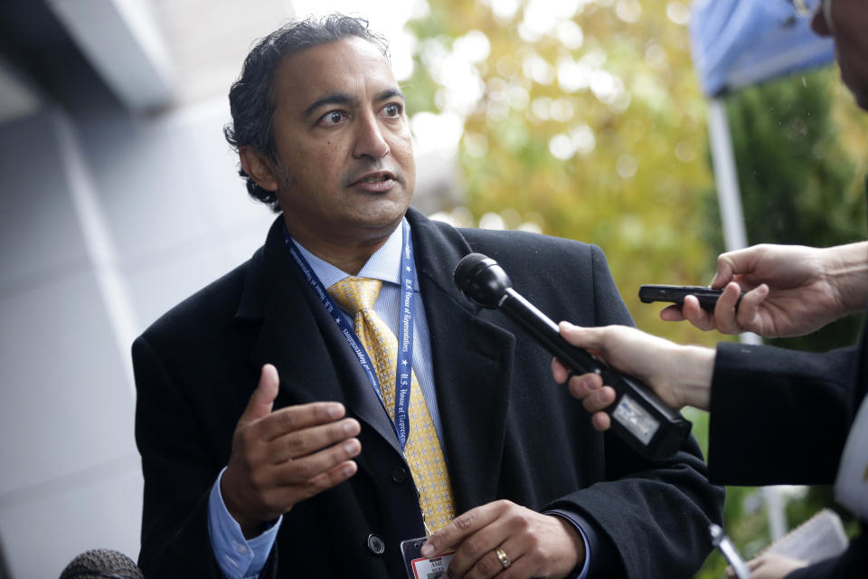 Rep.-elect Ami Bera, D-Calif., speaks to reporters after he registered for orientation at a hotel as newly elected members of Congress arrived on Capitol Hill in Washington, Tuesday, Nov. 13, 2012. (AP Photo/Charles Dharapak) 