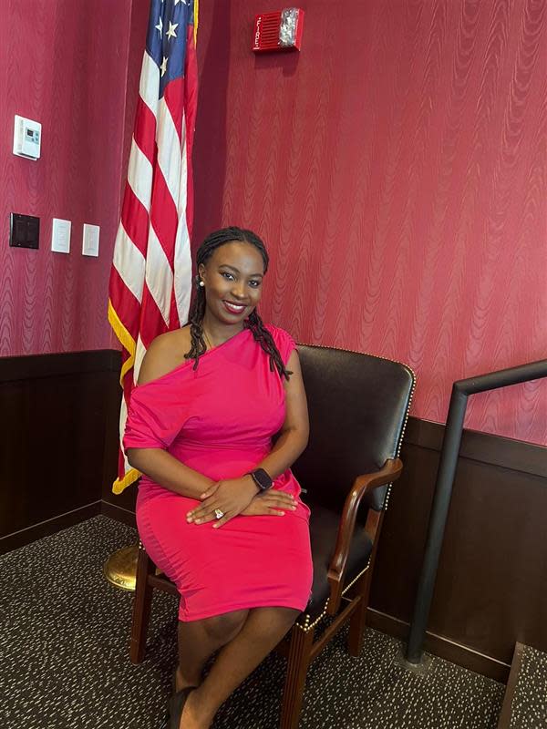 Samantha Byake Mutebi on the day of her naturalization ceremony in May. Mutebi will be voting for the first time in November.