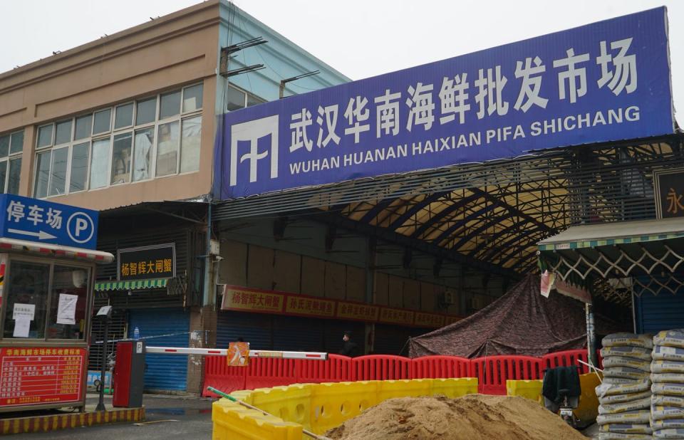 <span class="caption">The Wuhan Huanan Wholesale Seafood Market, where the coronavirus outbreak is believed to have started, is now closed.</span> <span class="attribution"><a class="link " href="http://www.apimages.com/metadata/Index/China-Outbreak/6cafa23497f74bb5a5b54500c9625e5a/3/0" rel="nofollow noopener" target="_blank" data-ylk="slk:AP Photo/Dake Kang;elm:context_link;itc:0">AP Photo/Dake Kang</a></span>