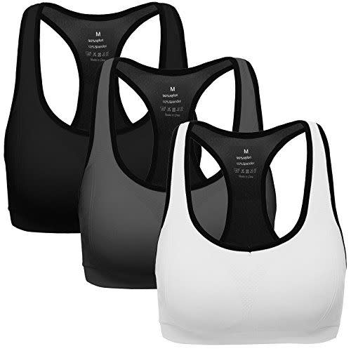 1) MIRITY Women Racerback Sports Bras - High Impact Workout Gym Activewear Bra Color Black Grey White Size M