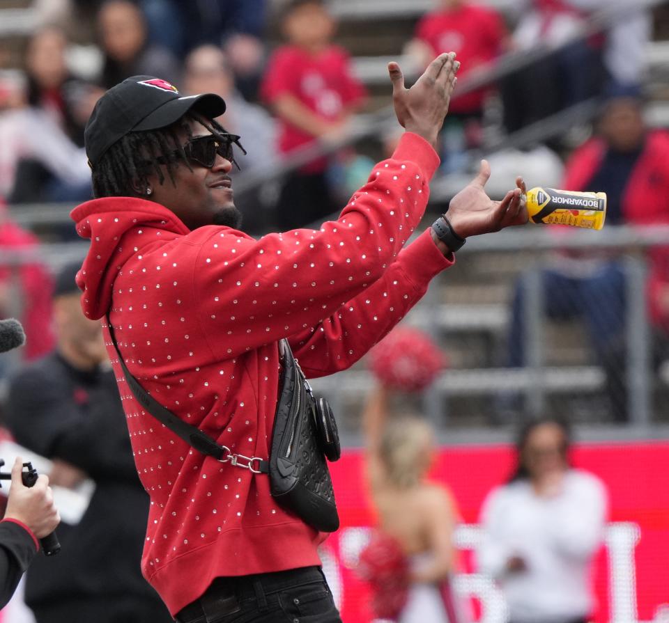 Former Rutgers cornerback Max Melton is introduced prior to Rutgers annual spring football game at SHI Stadium. Melton was drafted by the Arizona Cardinals.