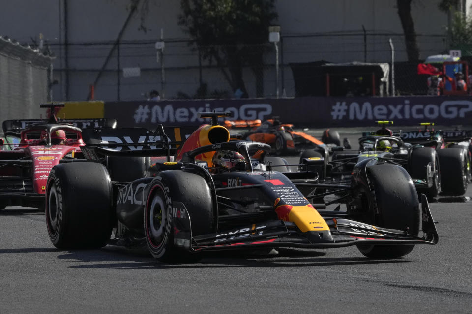 Max Verstappen, of Netherlands, steers his Red Bull during the Formula One Mexico Grand Prix auto race at the Hermanos Rodriguez racetrack in Mexico City, Sunday, Oct. 29, 2023. (AP Photo/Fernando Llano)